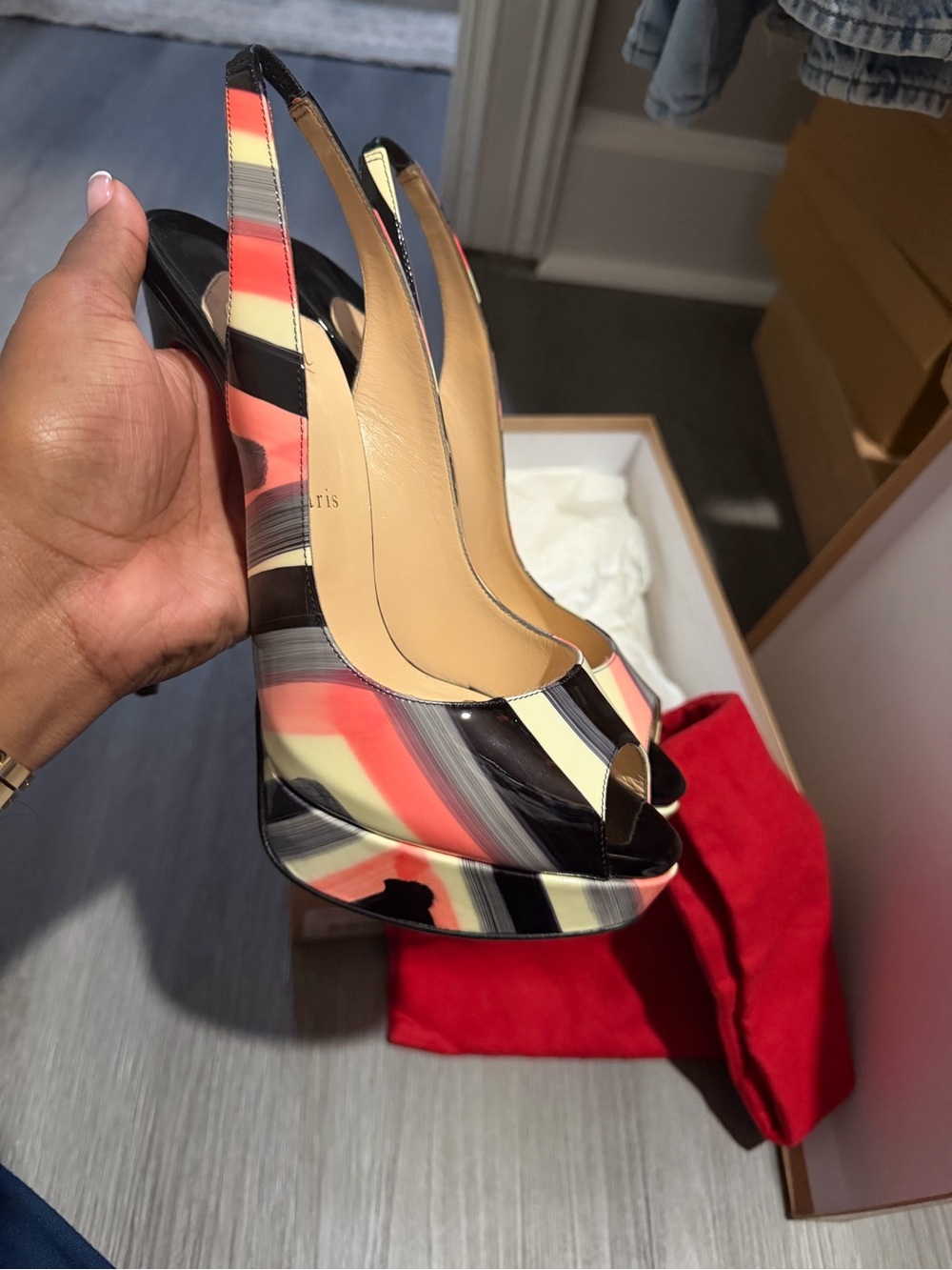Patent Leather Striped Slingback Peep-Toe Heels in Black, Cream & Coral